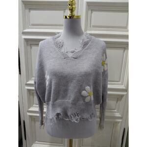 Polly Esther Womens Grey Oversized Sweater with Flowers Size Small